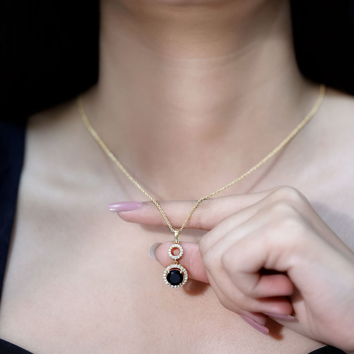 Natural 2 CT Round Black Onyx Necklace with Diamond Halo
