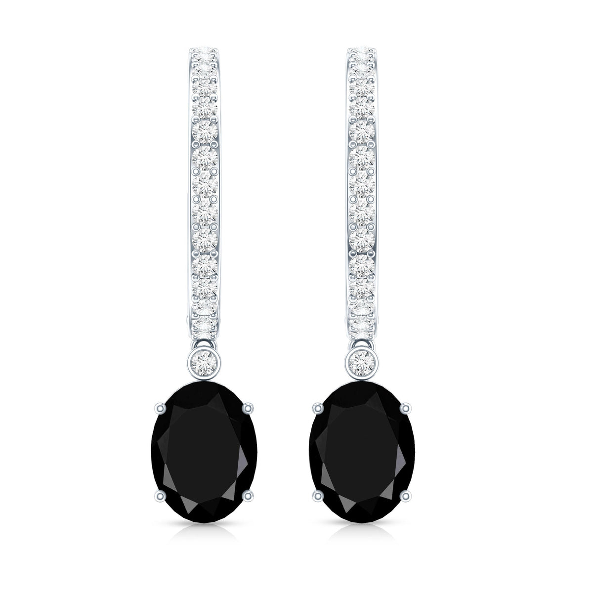 Natural 2.2 Carat Oval Black Onyx Hoop Drop Earrings with Diamond
