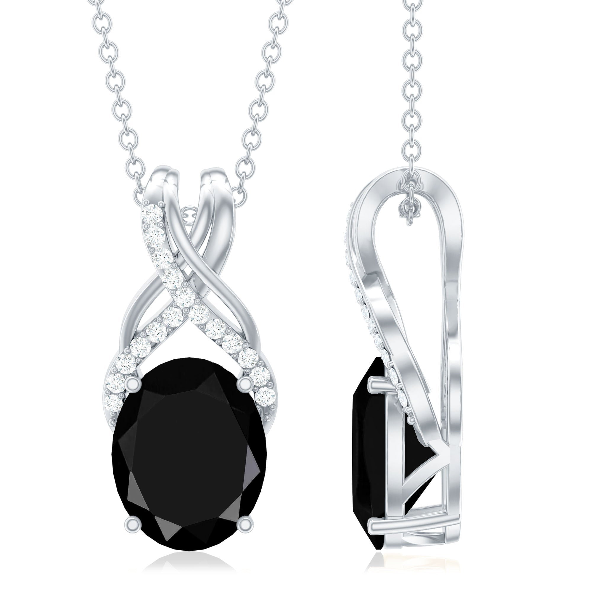 Natural 2.5 Carat Oval Black Onyx Pendant Necklace with Diamond