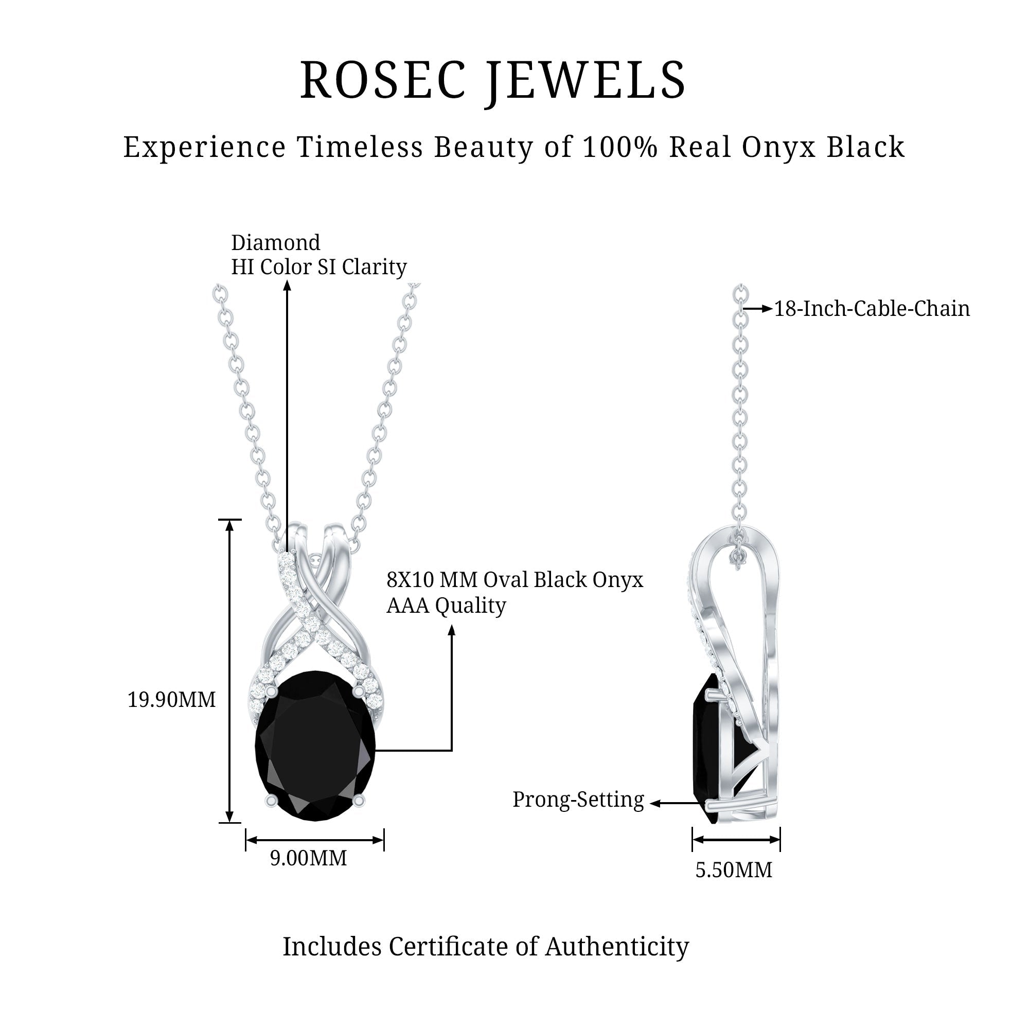Natural 2.5 Carat Oval Black Onyx Pendant Necklace with Diamond