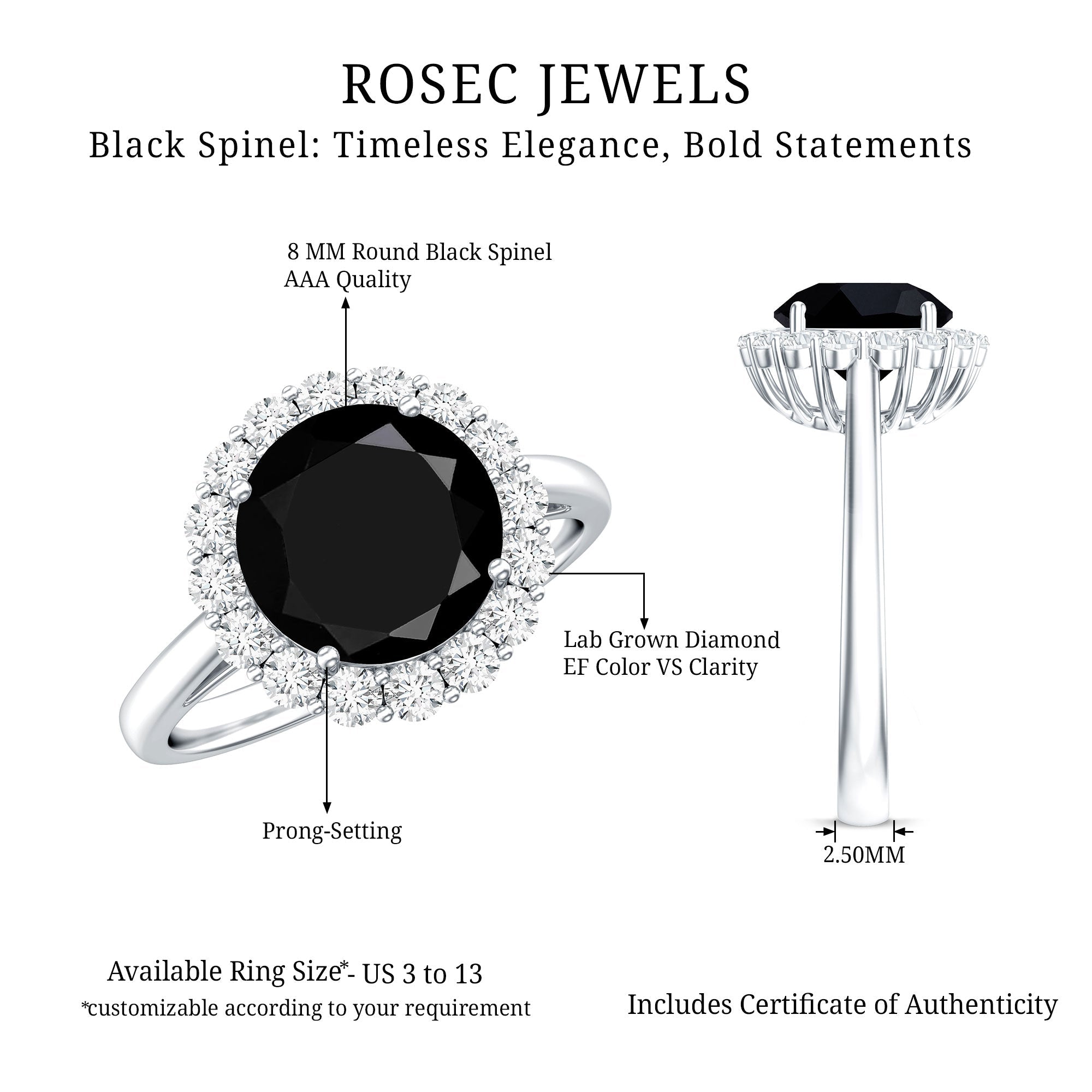 Natural 2.6 Carat Black Spinel Engagement Ring with Diamond Halo