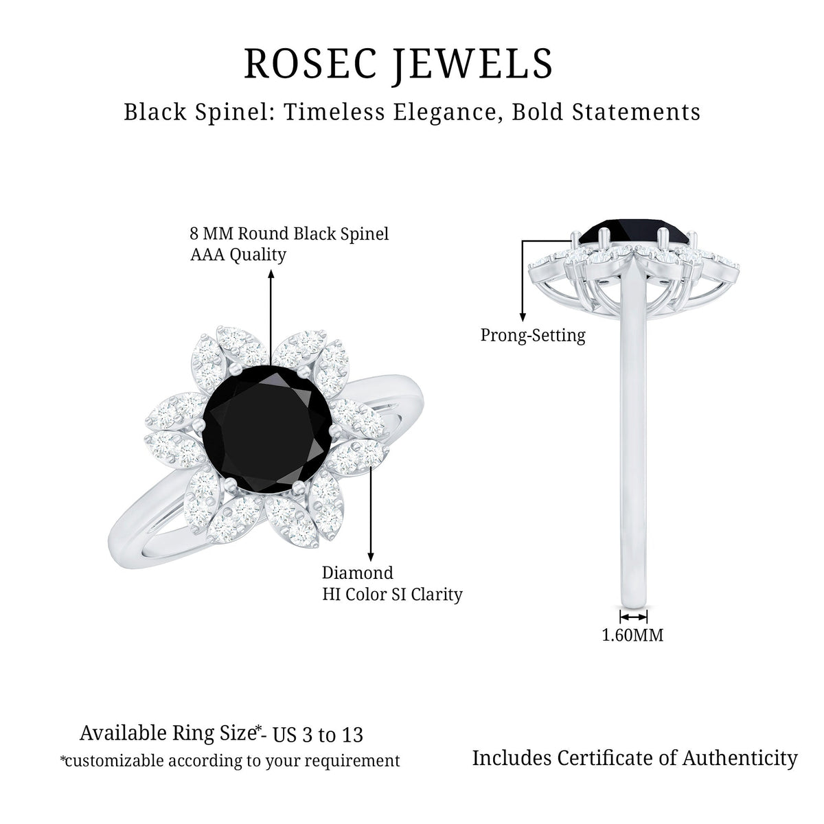 Natural 2.6 Carat Black Spinel Flower Engagement Ring with Diamond