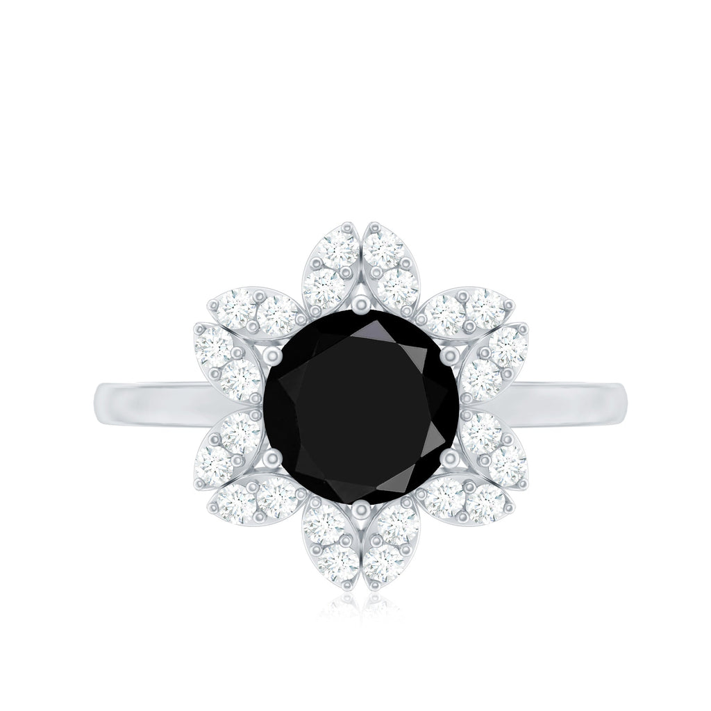 Natural 2.6 Carat Black Spinel Flower Engagement Ring with Diamond