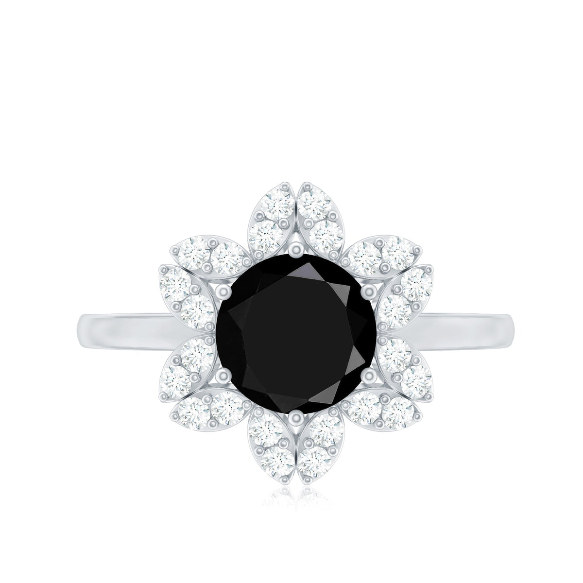 Natural 2.6 Carat Black Spinel Flower Engagement Ring with Diamond