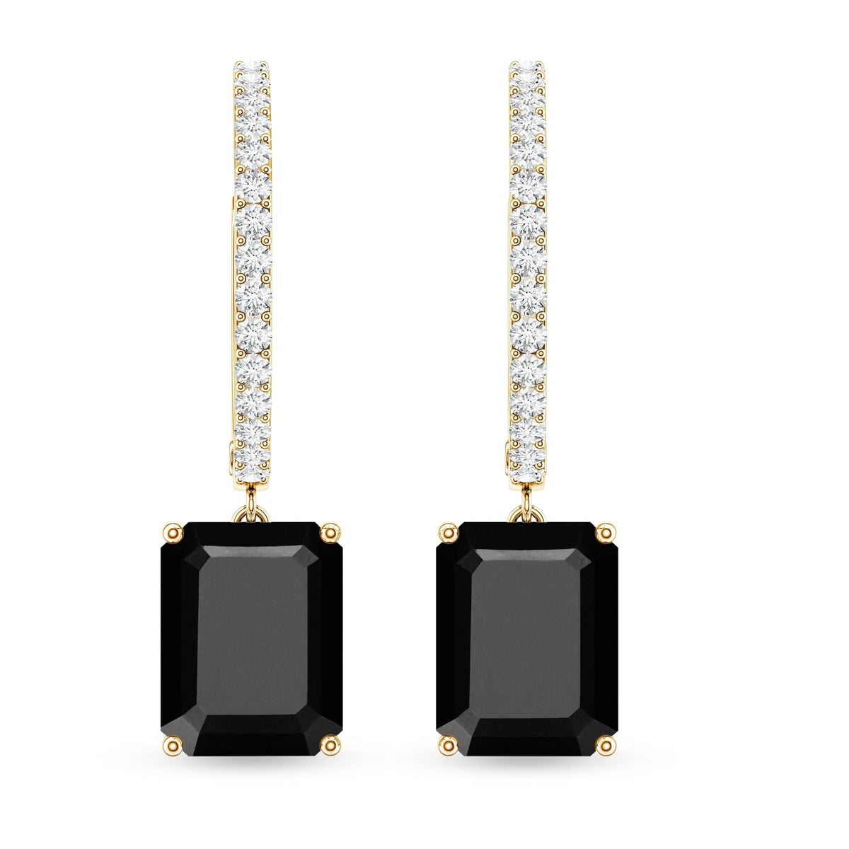 Natural 3.6 Carat Emerald Cut Black Onyx Hoop Drop Earrings with Diamond