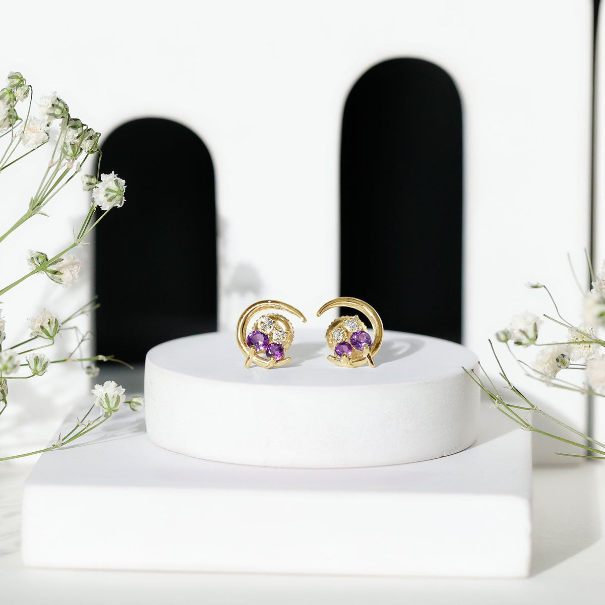 Natural Amethyst and Diamond Cat on Moon Stud Earrings