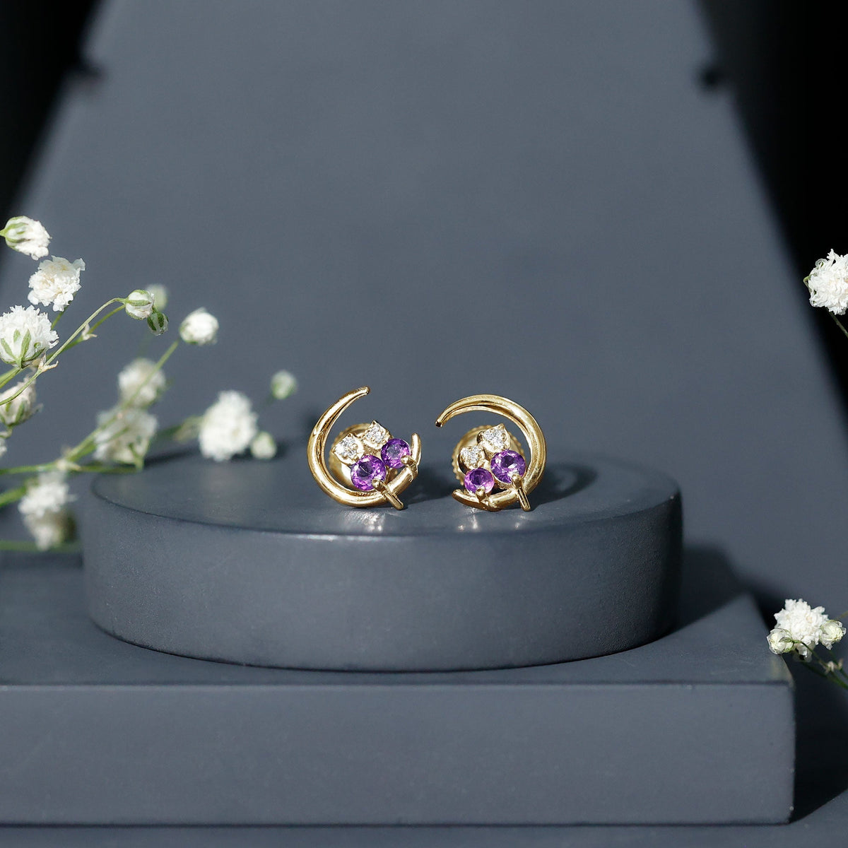 Natural Amethyst and Diamond Cat on Moon Stud Earrings