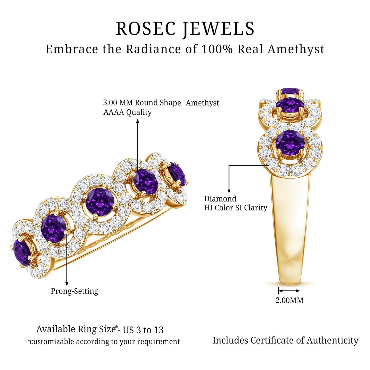 Natural Amethyst Diamond Half Eternity Band Ring for Women