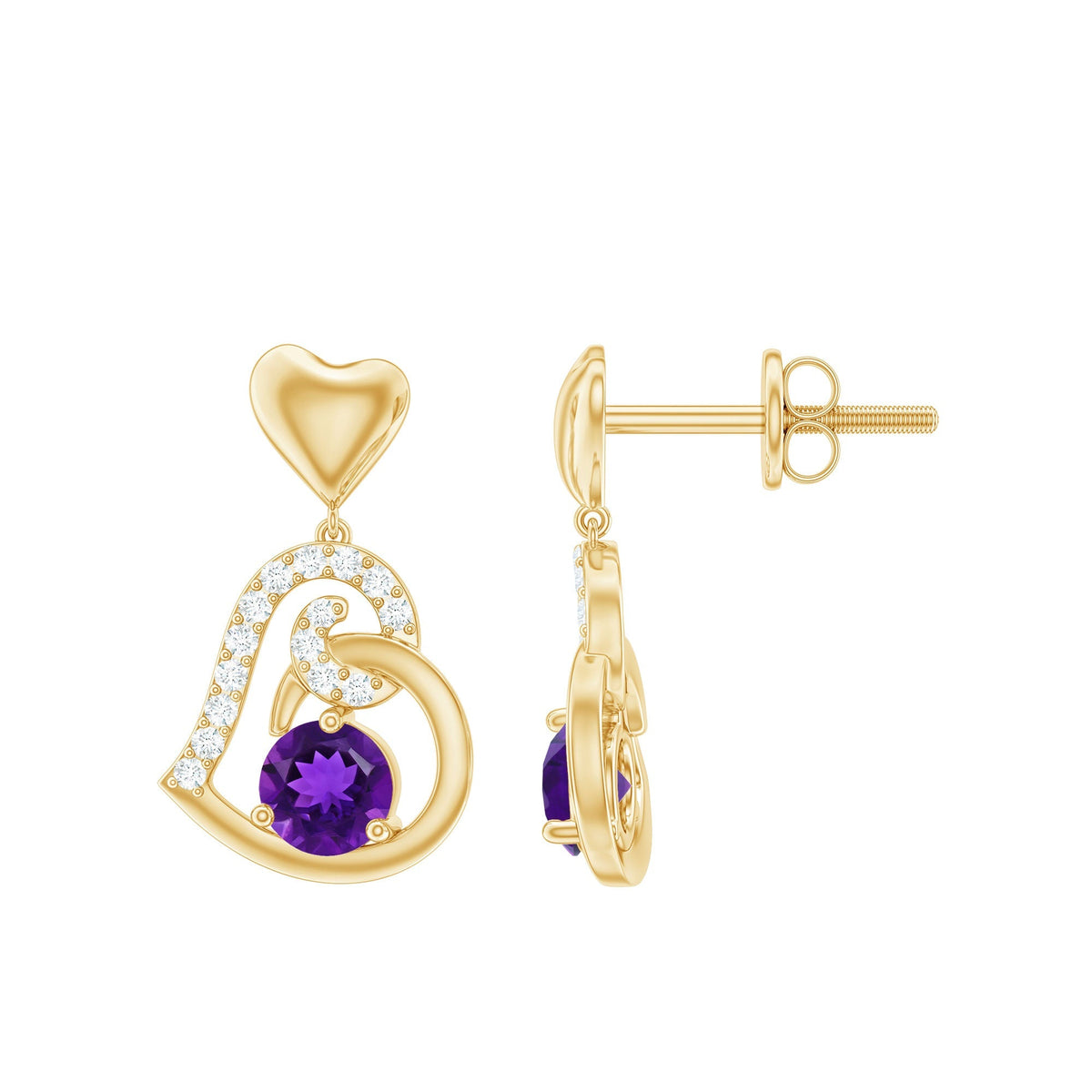 Natural Amethyst Diamond Heart Drop Earrings