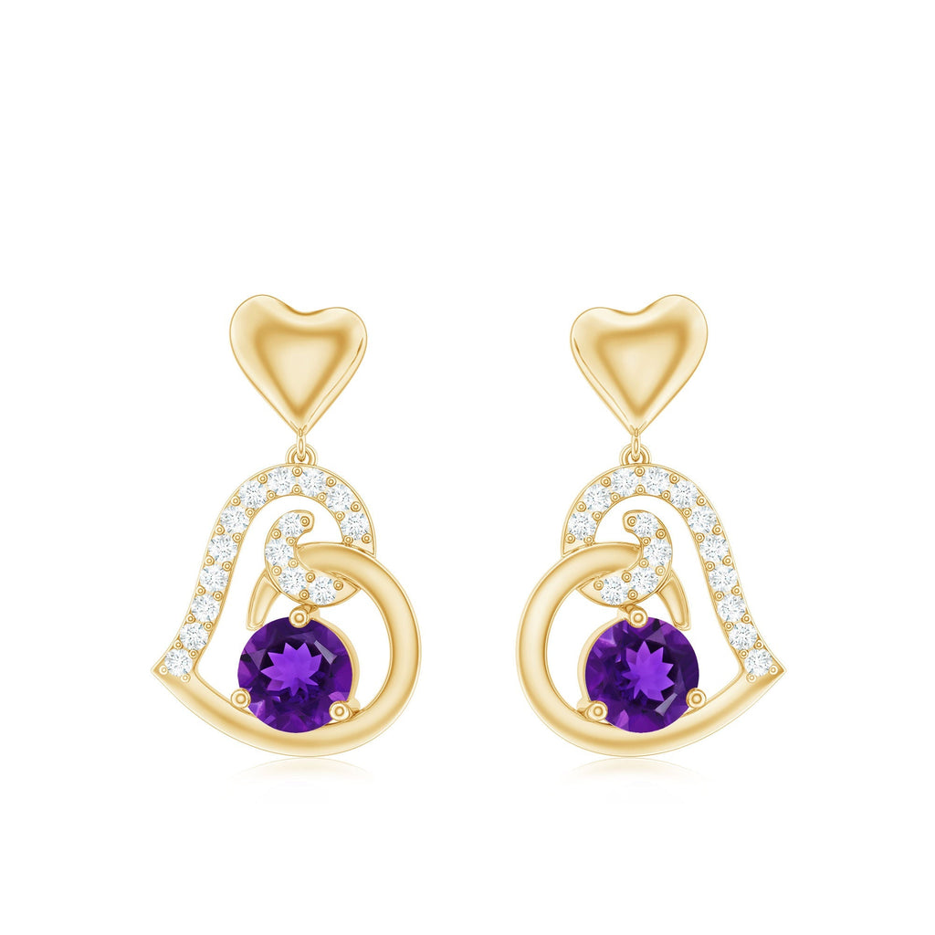 Natural Amethyst Diamond Heart Drop Earrings