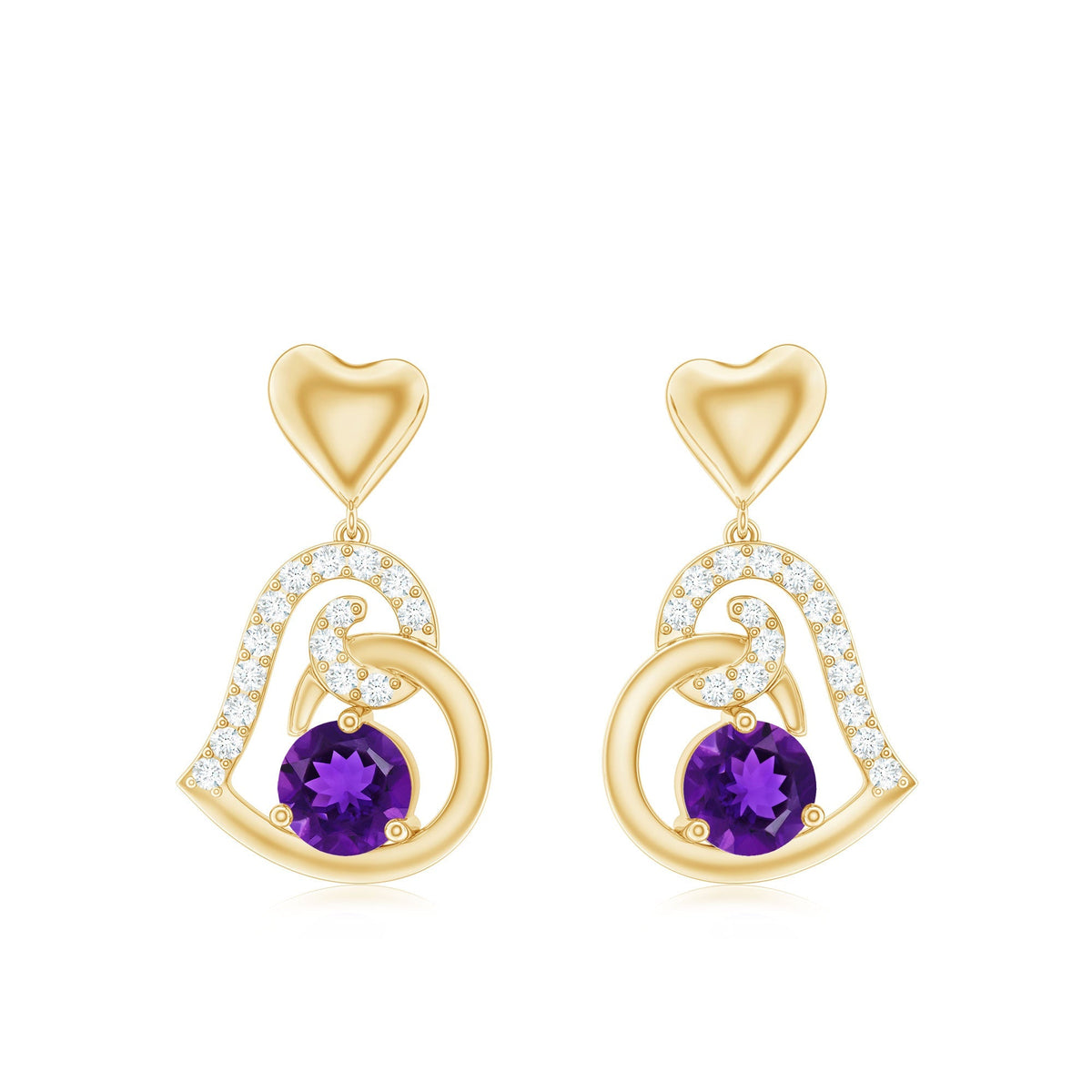 Natural Amethyst Diamond Heart Drop Earrings