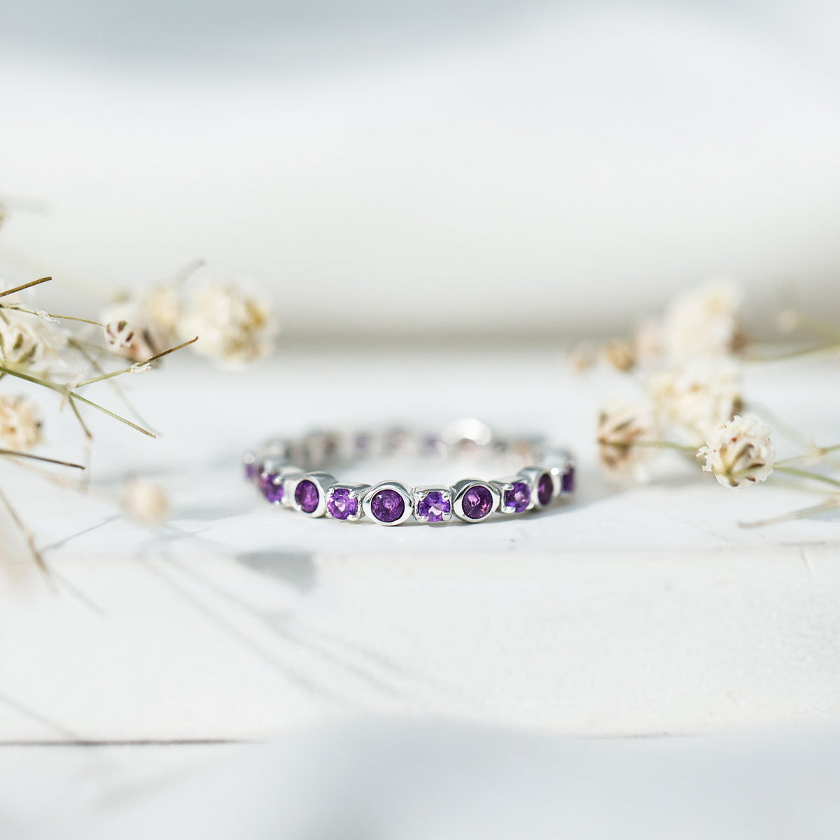Natural Amethyst Eternity Wedding Band in Gold Plated Silver