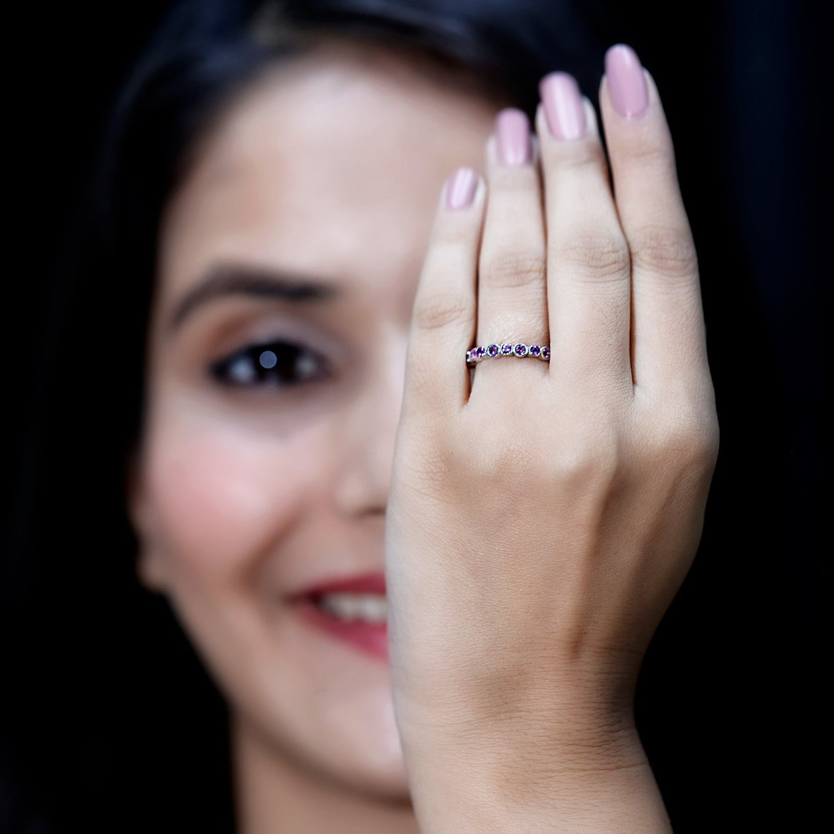 Natural Amethyst Eternity Wedding Band in Gold Plated Silver