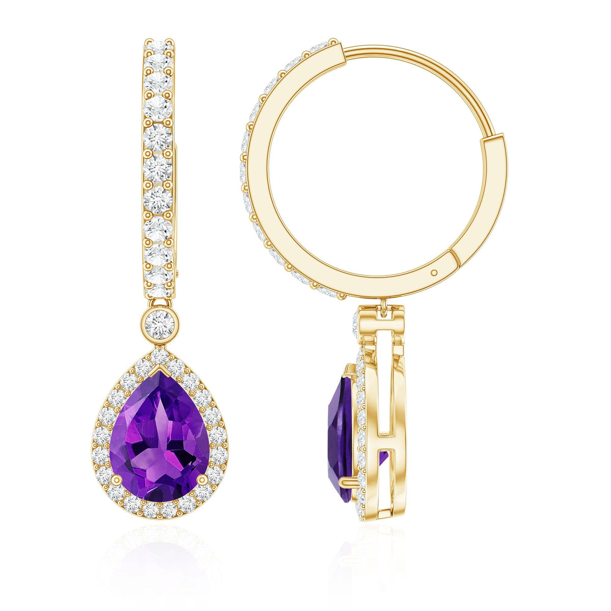 Natural Amethyst Teardrop Earrings with Moissanite Hinged Hoop