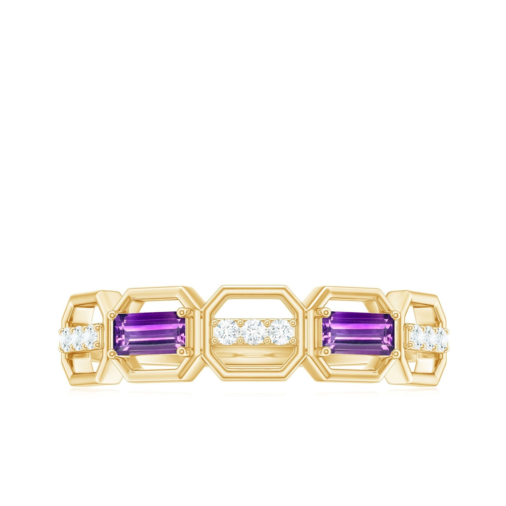 Natural Baguette Amethyst Half Eternity Wedding Band with Diamond