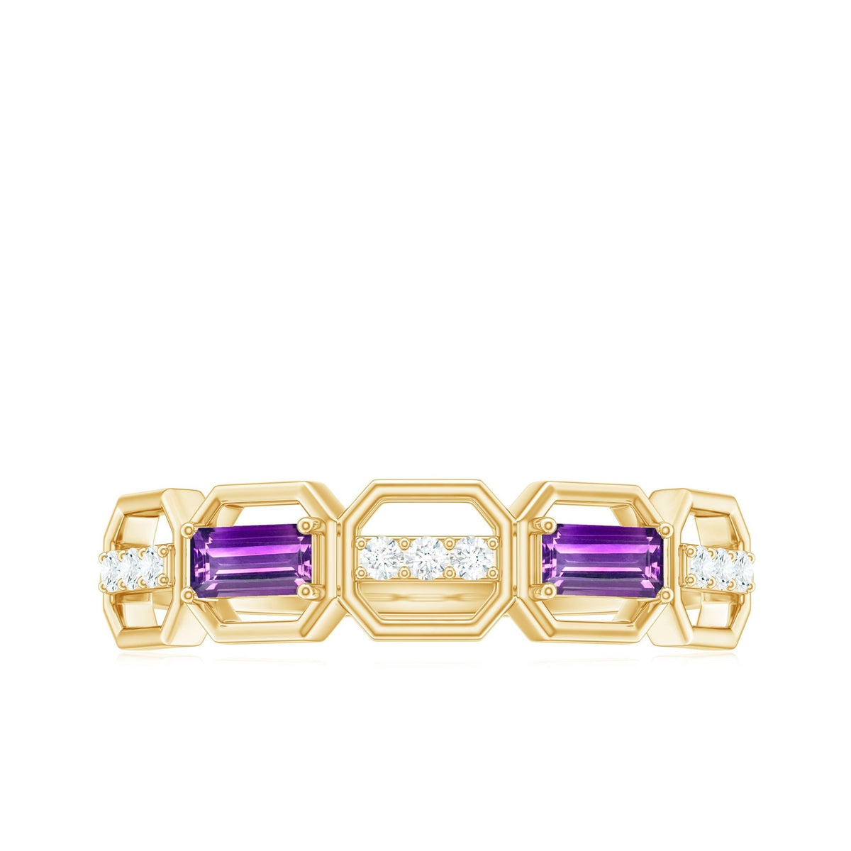 Natural Baguette Amethyst Half Eternity Wedding Band with Diamond
