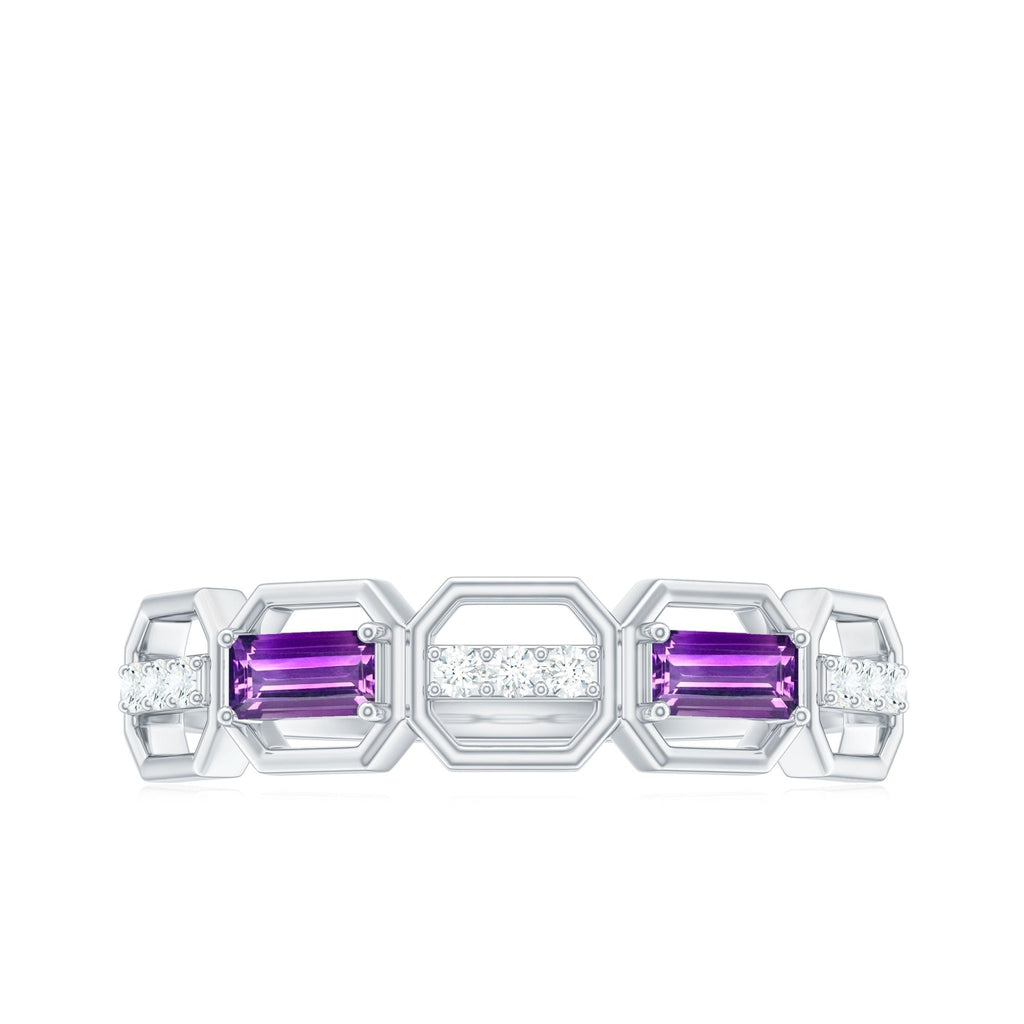 Natural Baguette Amethyst Half Eternity Wedding Band with Diamond