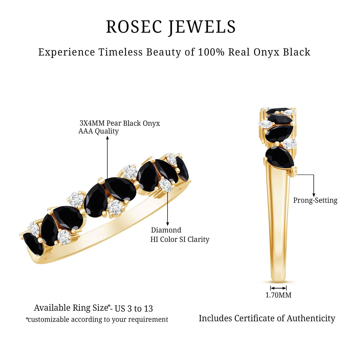 Natural Black Onyx and Diamond Half Eternity Band Ring