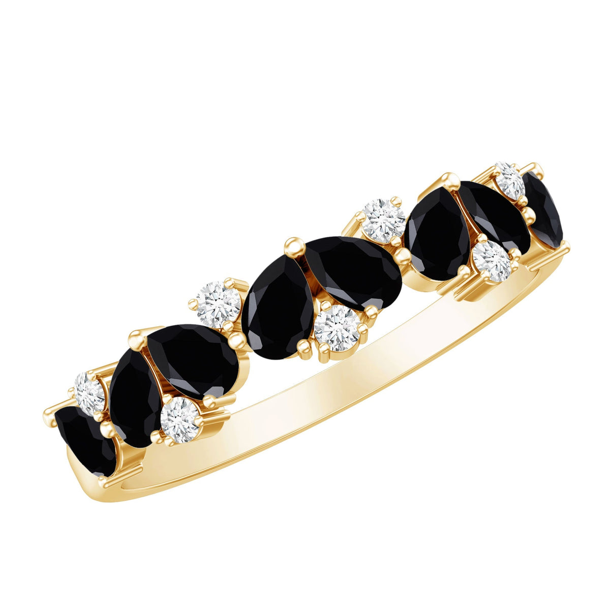 Natural Black Onyx and Diamond Half Eternity Band Ring
