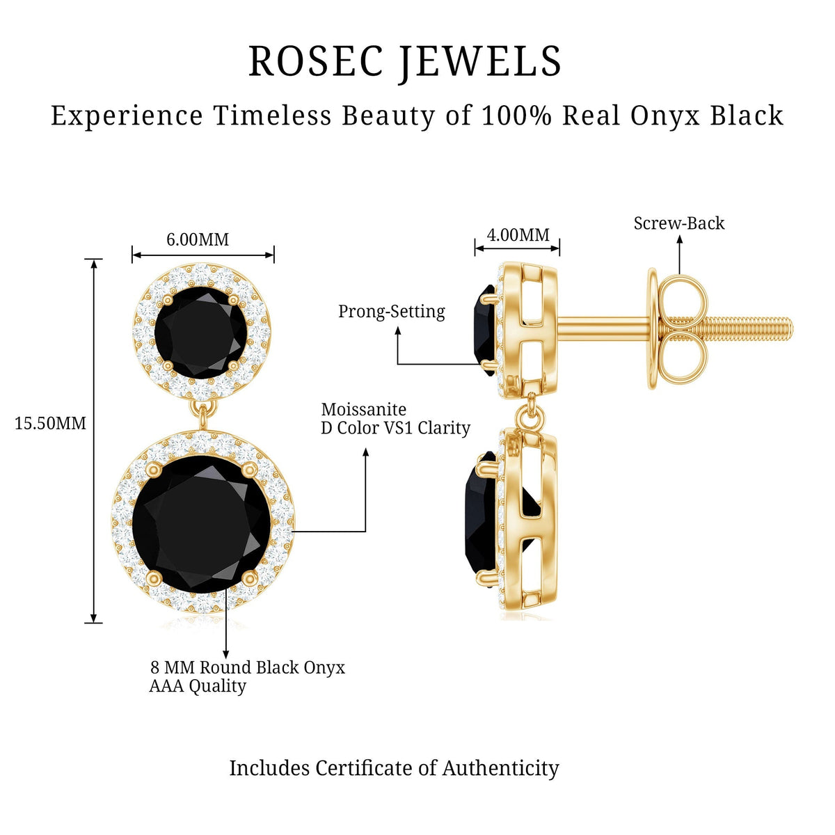 Natural Black Onyx and Moissanite Dangling Earrings
