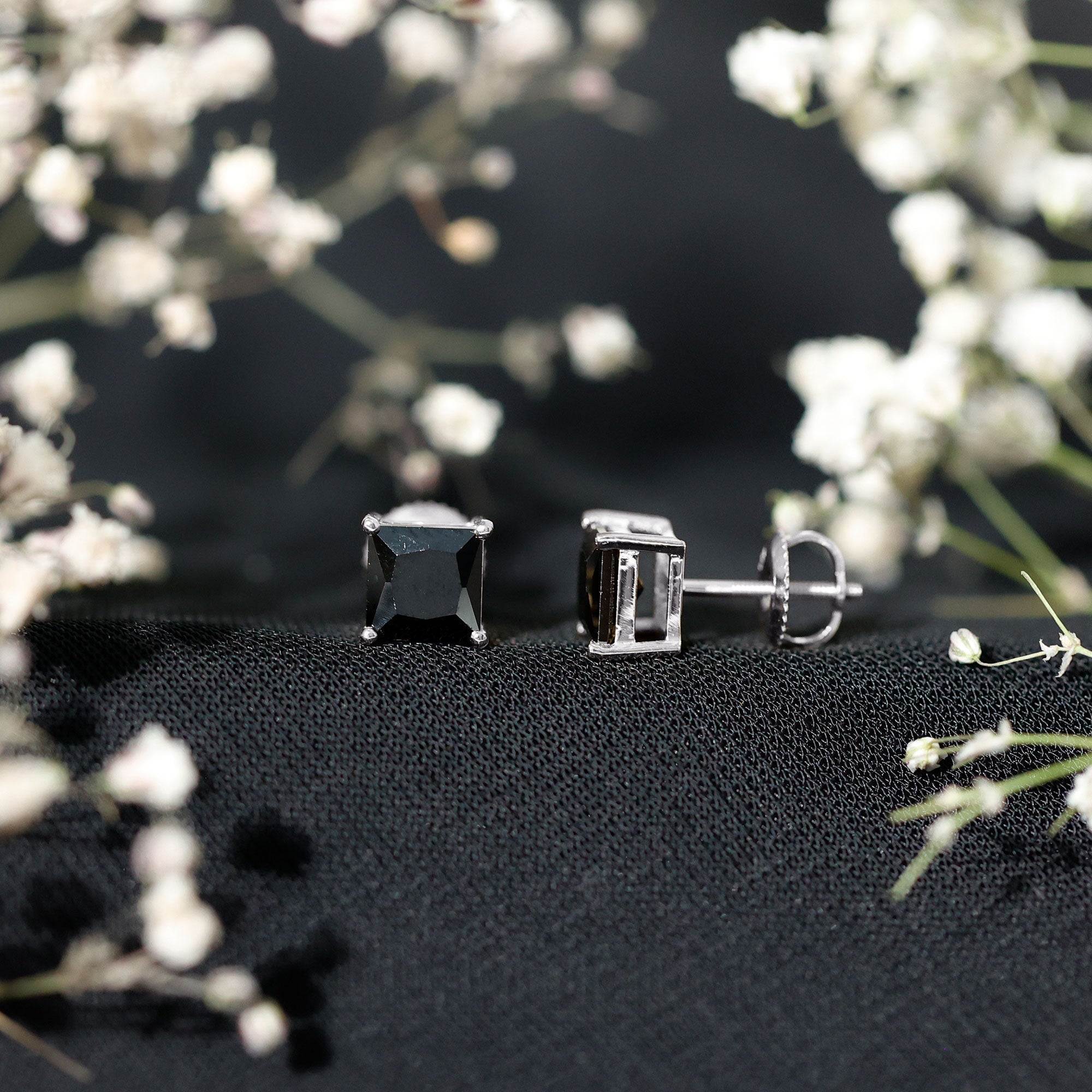 Natural Black Onyx Princess Cut Earrings with Screw Back
