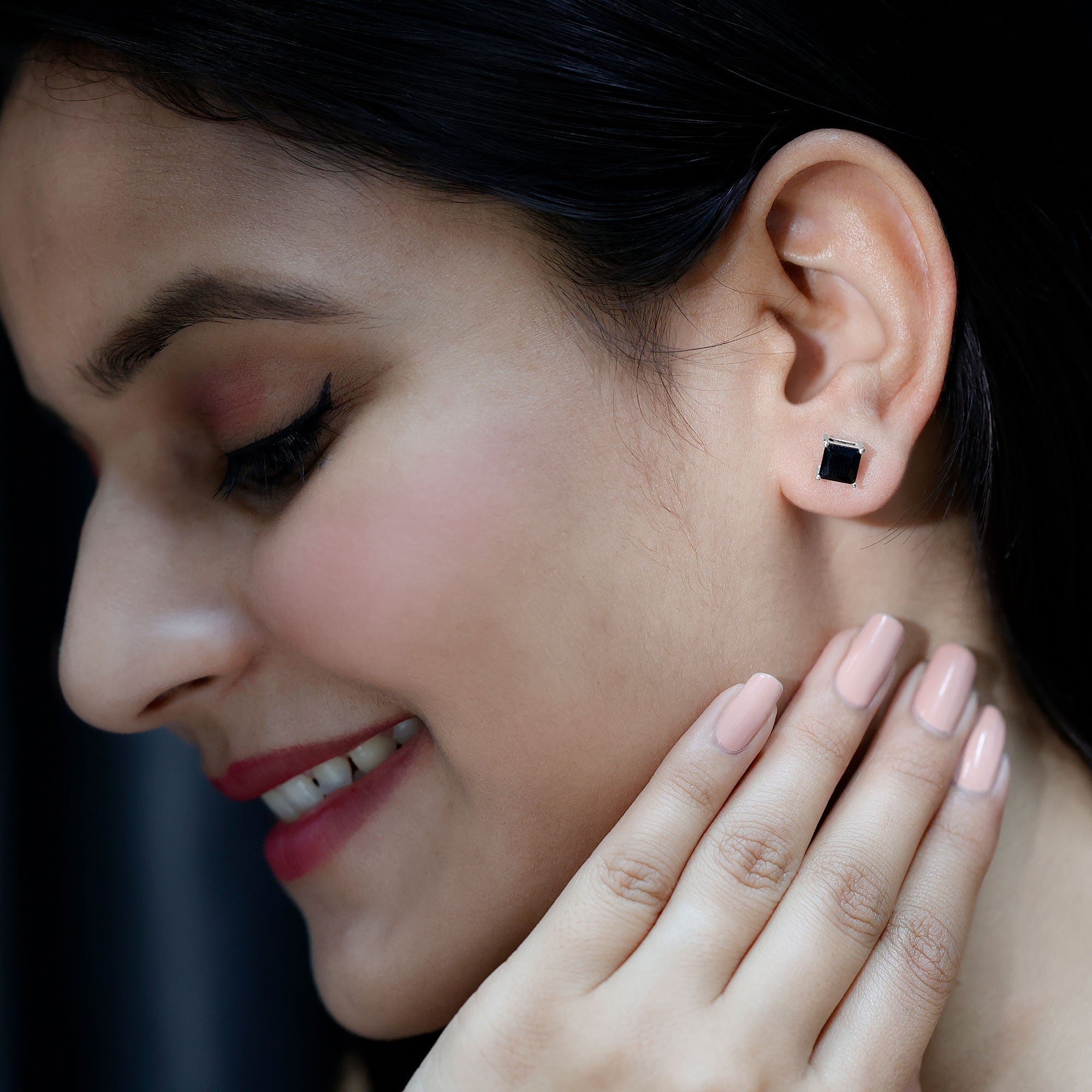 Natural Black Onyx Princess Cut Earrings with Screw Back