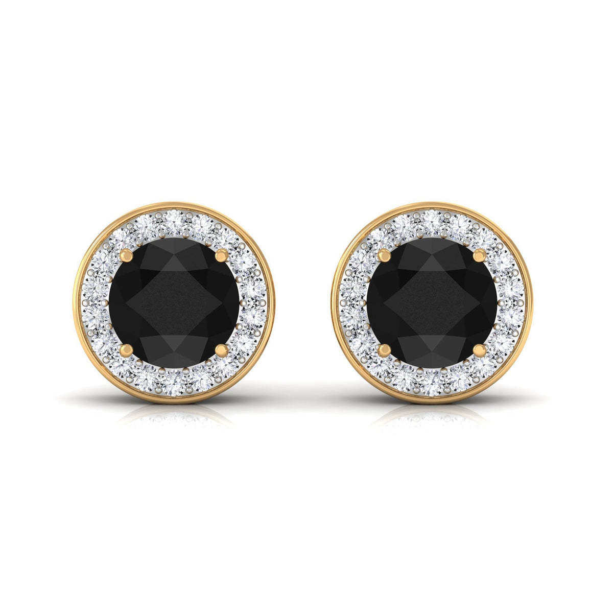 Natural Black Onyx Stud Earrings with Diamond Halo