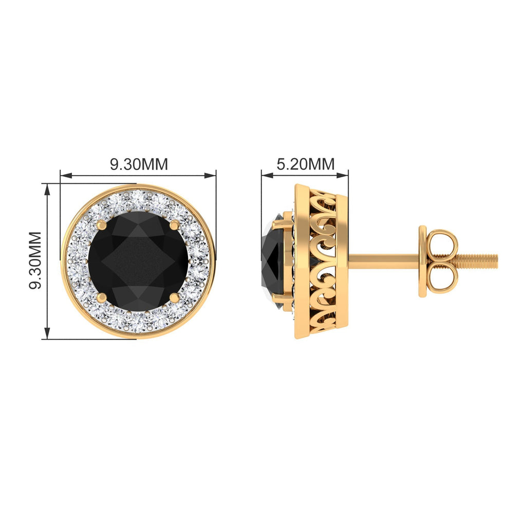Natural Black Onyx Stud Earrings with Diamond Halo