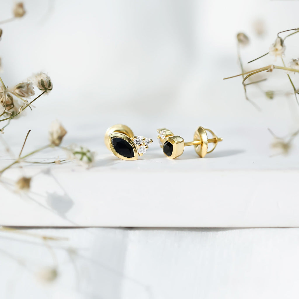 Natural Black Onyx Stud Earrings with Diamond Trio