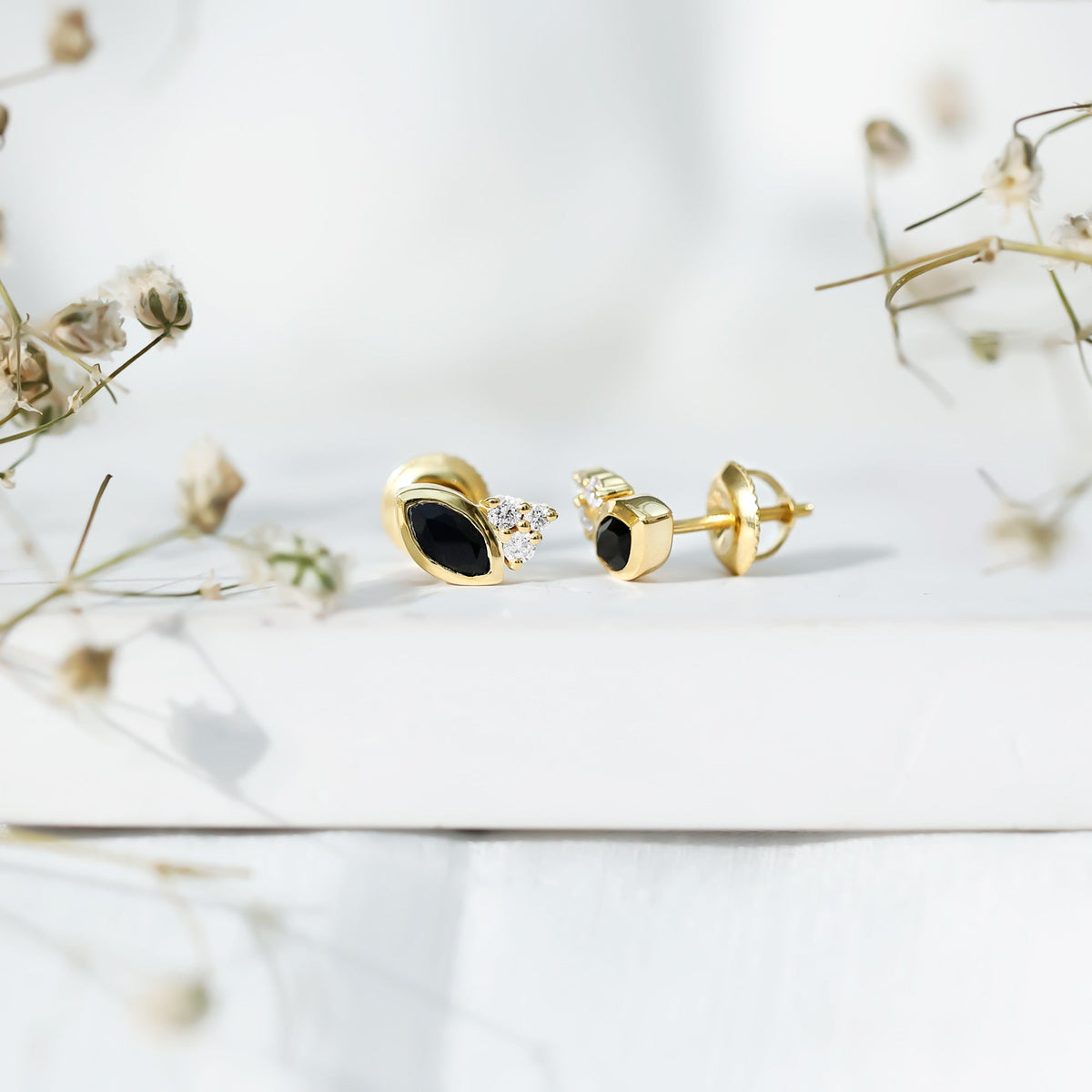 Natural Black Onyx Stud Earrings with Diamond Trio