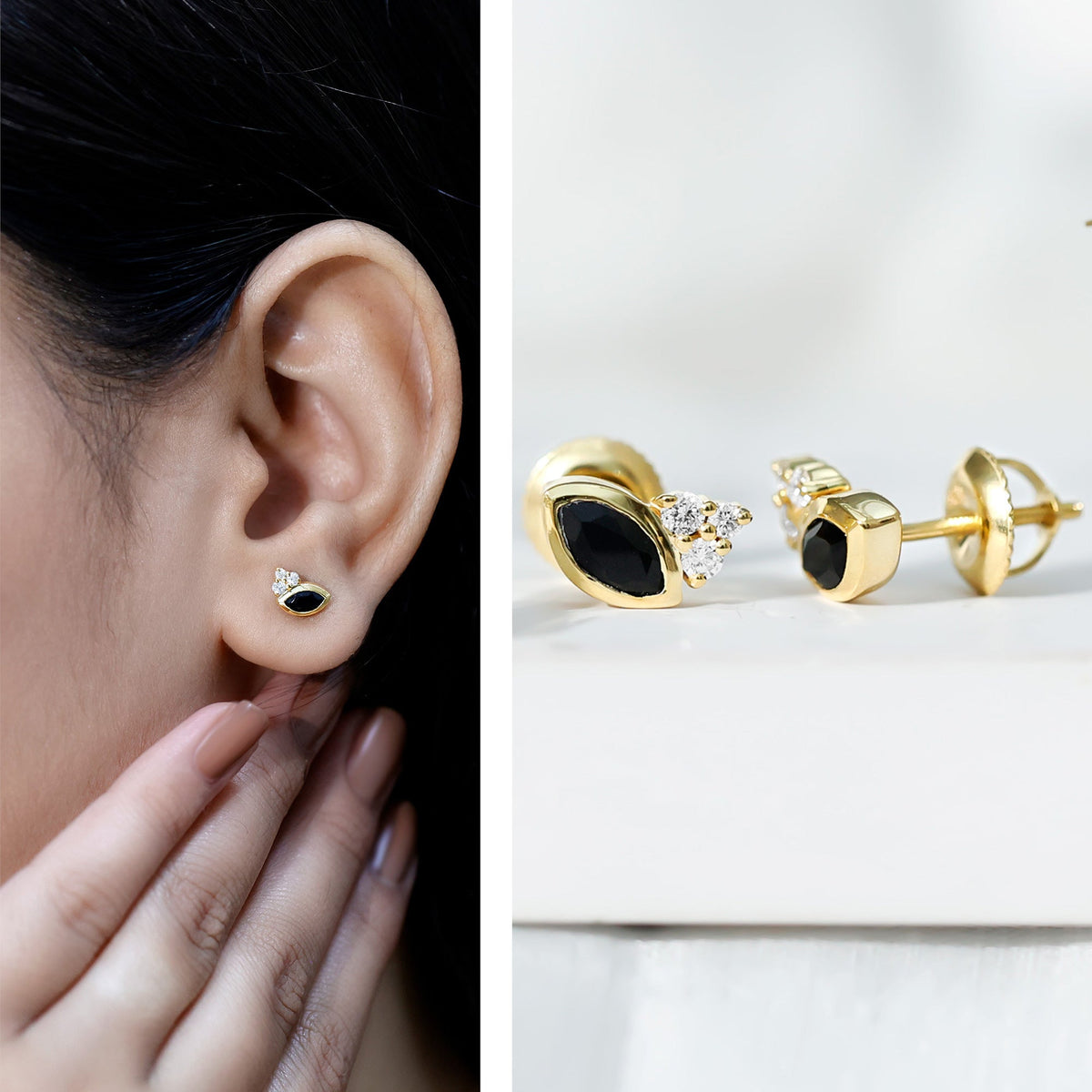 Natural Black Onyx Stud Earrings with Diamond Trio