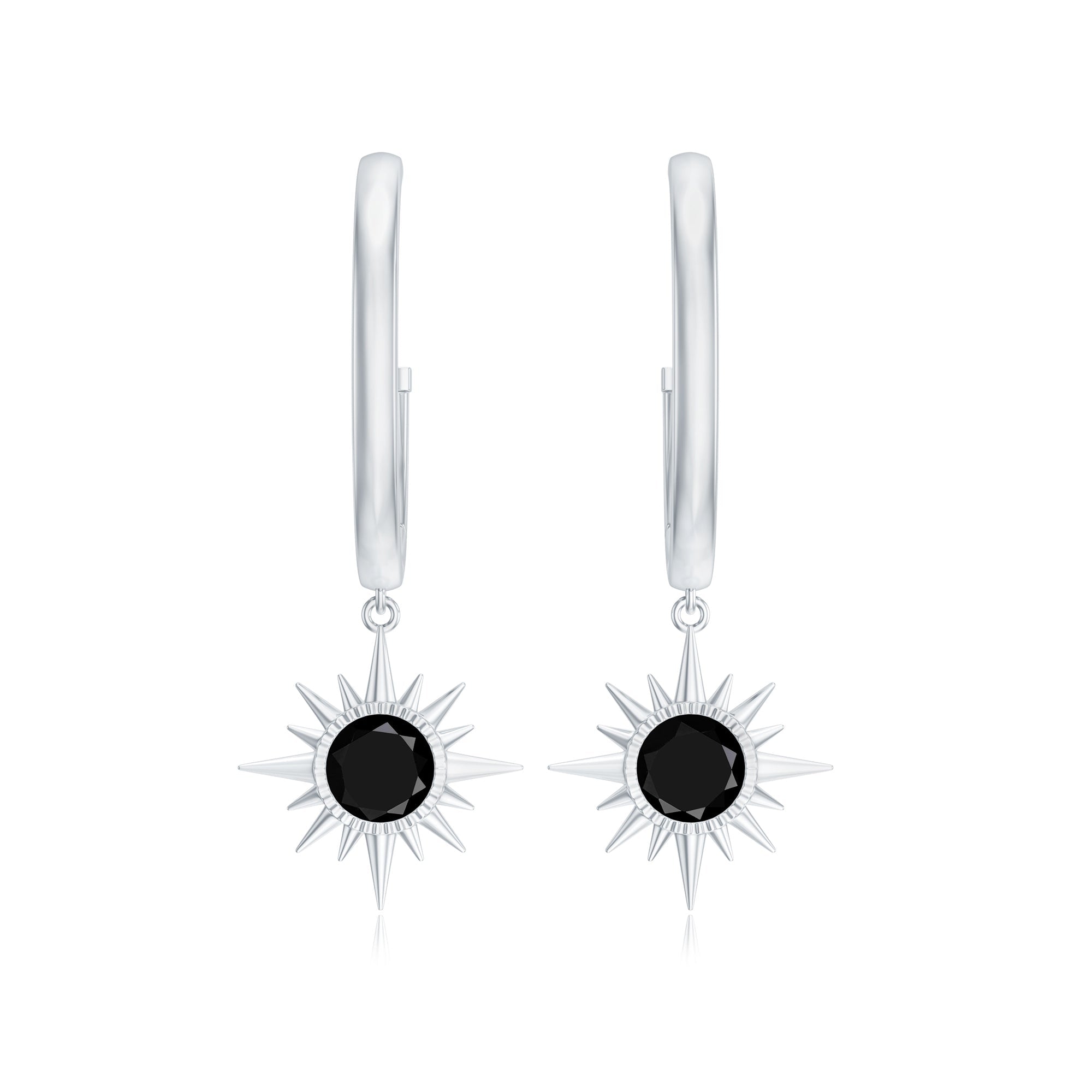 Natural Black Onyx Sunburst Hoop Drop Earrings