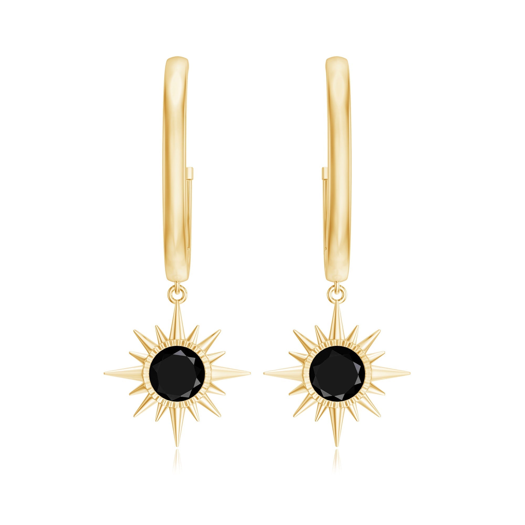 Natural Black Onyx Sunburst Hoop Drop Earrings