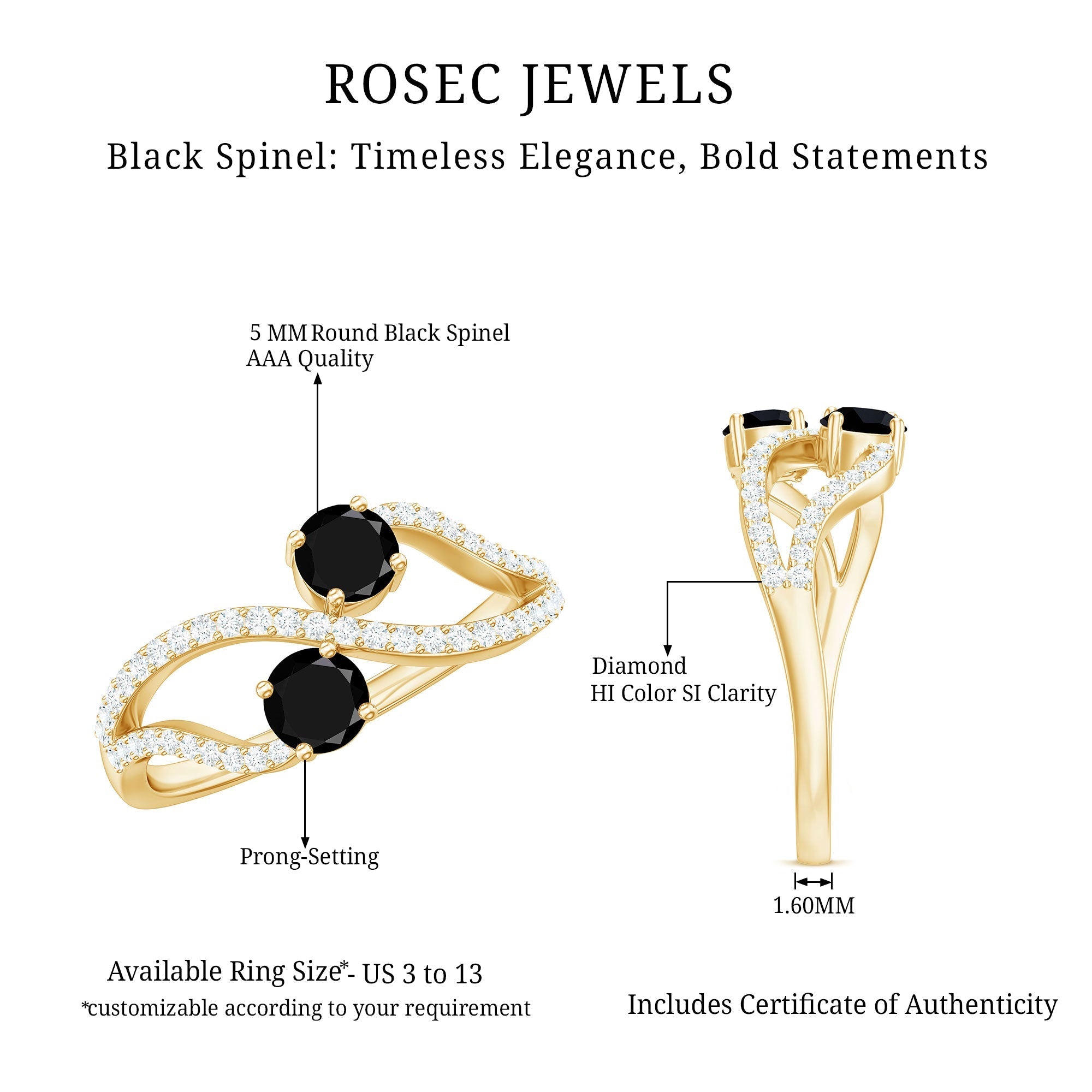 Natural Black Spinel 2 Promise Ring with Diamond
