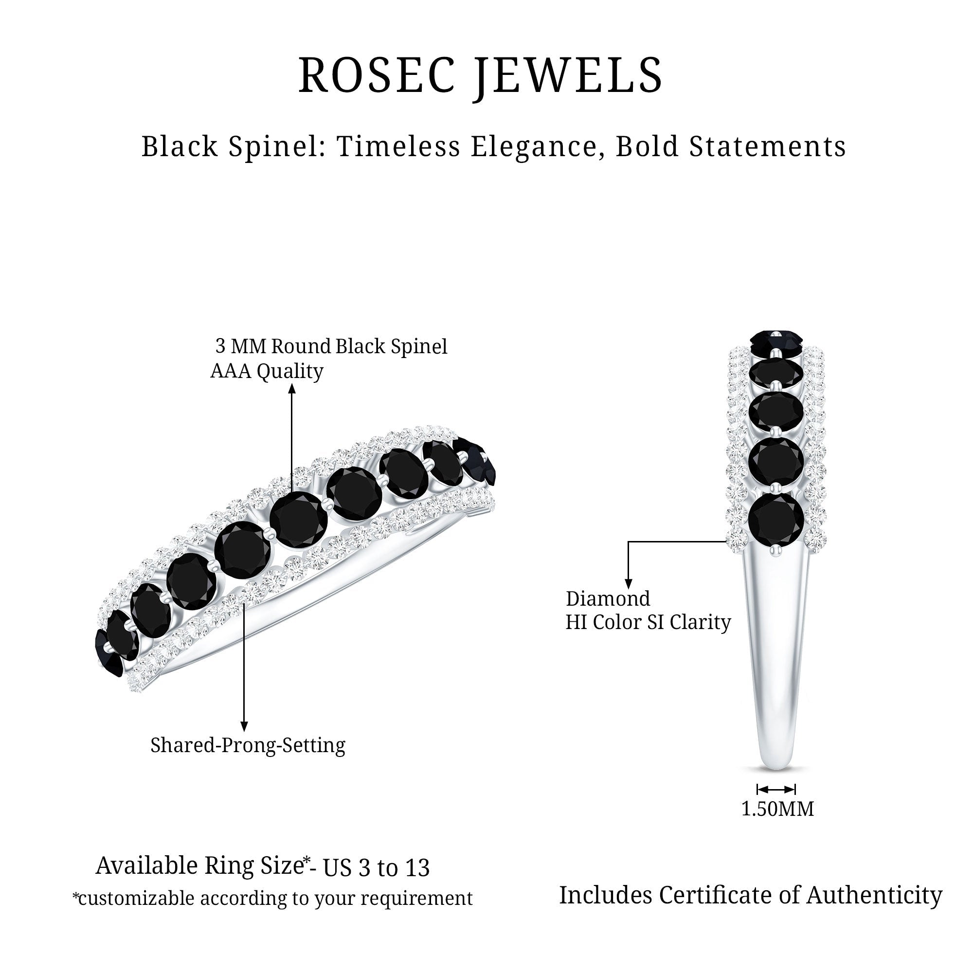 Natural Black Spinel Diamond Half Eternity Ring for Anniversary
