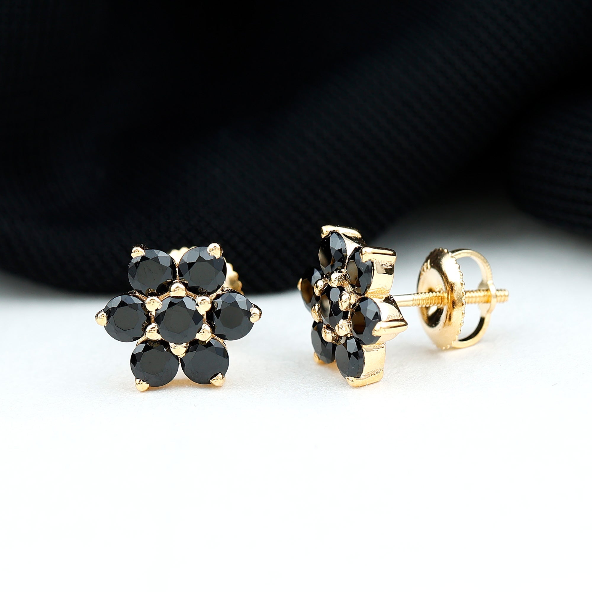 Natural Black Spinel Floral Cluster Stud Earrings