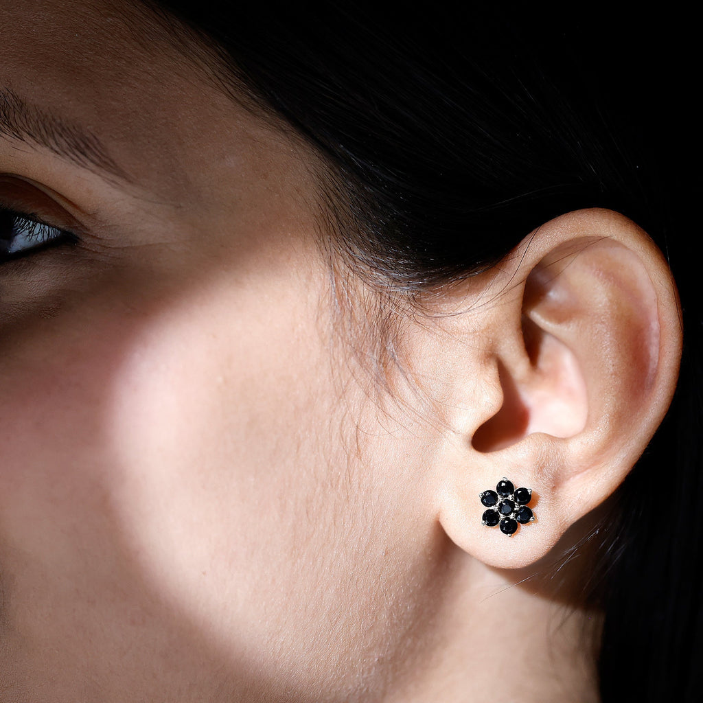 Natural Black Spinel Floral Cluster Stud Earrings