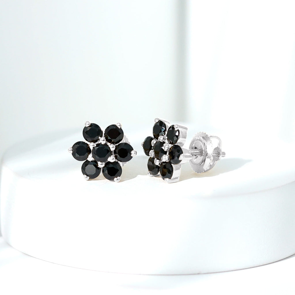 Natural Black Spinel Floral Cluster Stud Earrings