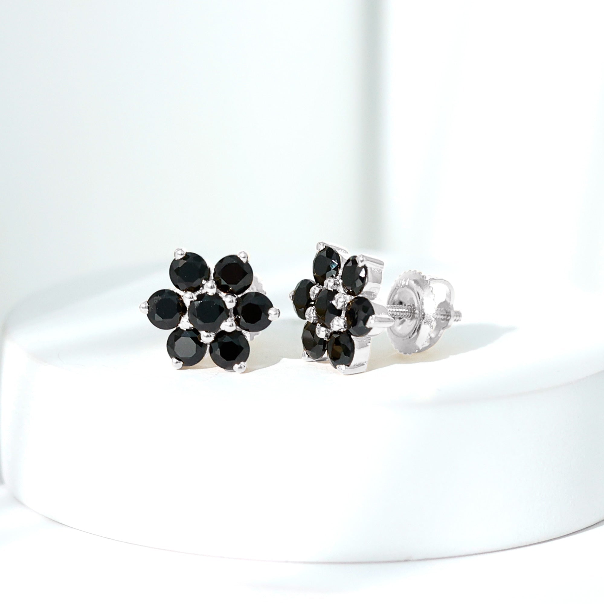 Natural Black Spinel Floral Cluster Stud Earrings