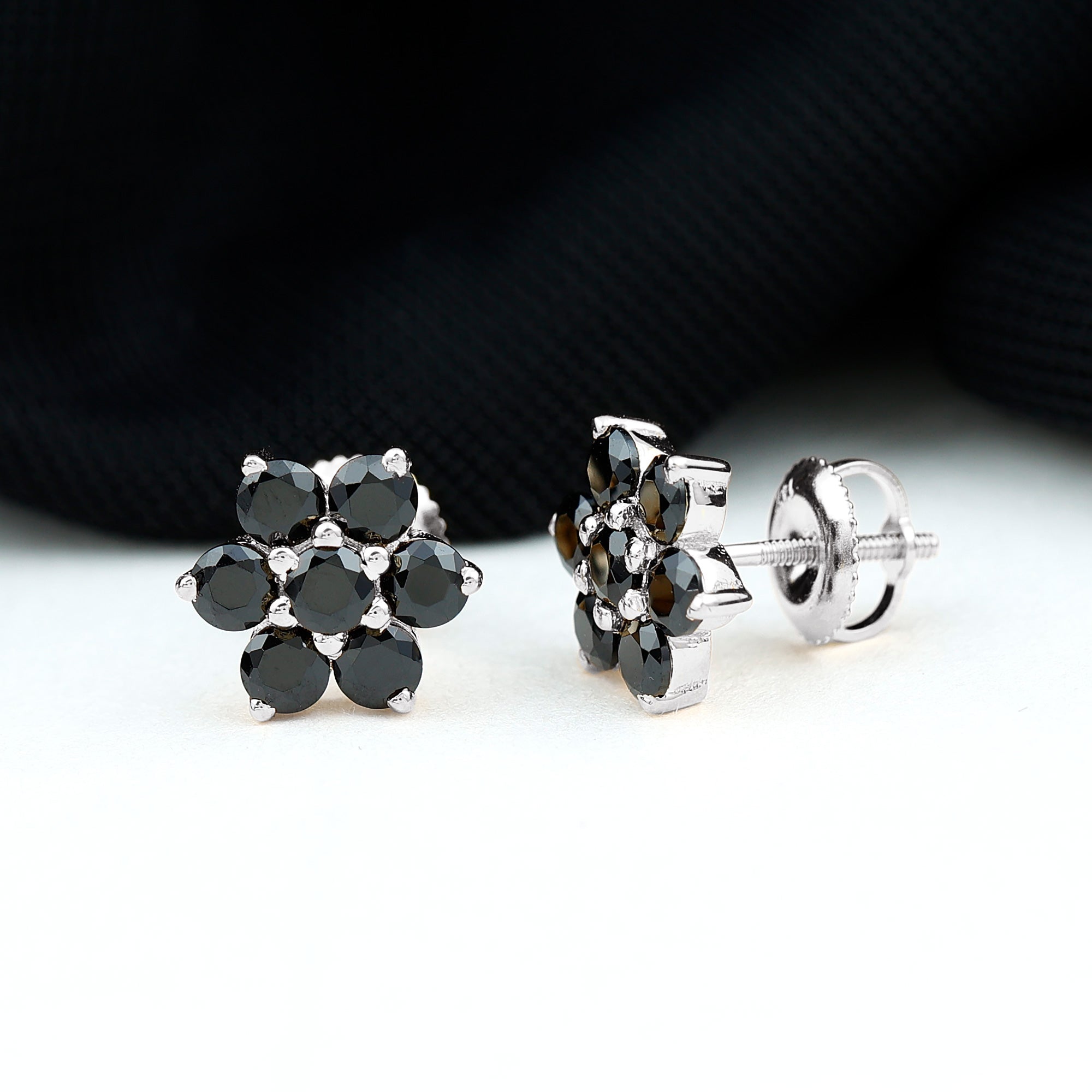 Natural Black Spinel Floral Cluster Stud Earrings