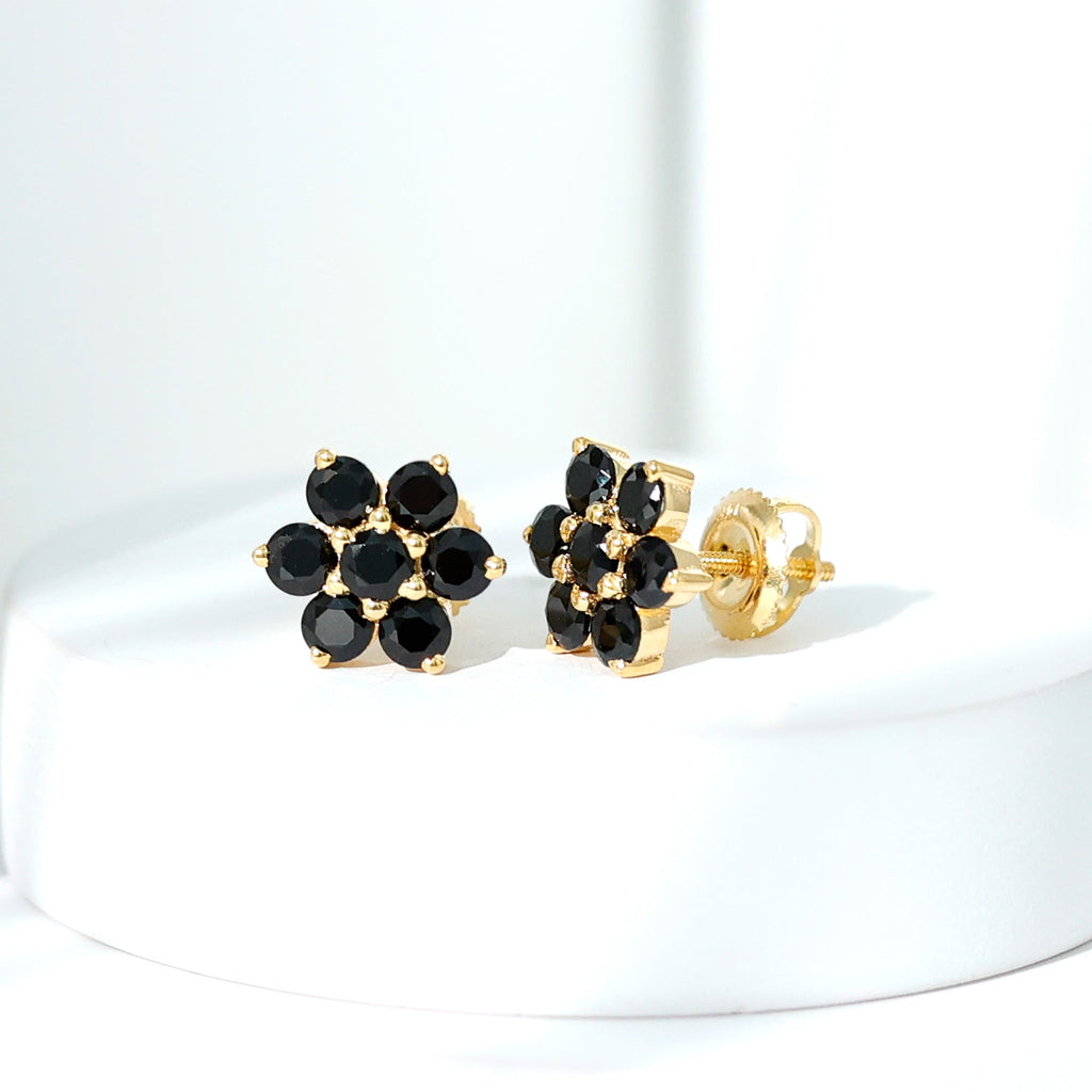 Natural Black Spinel Floral Cluster Stud Earrings