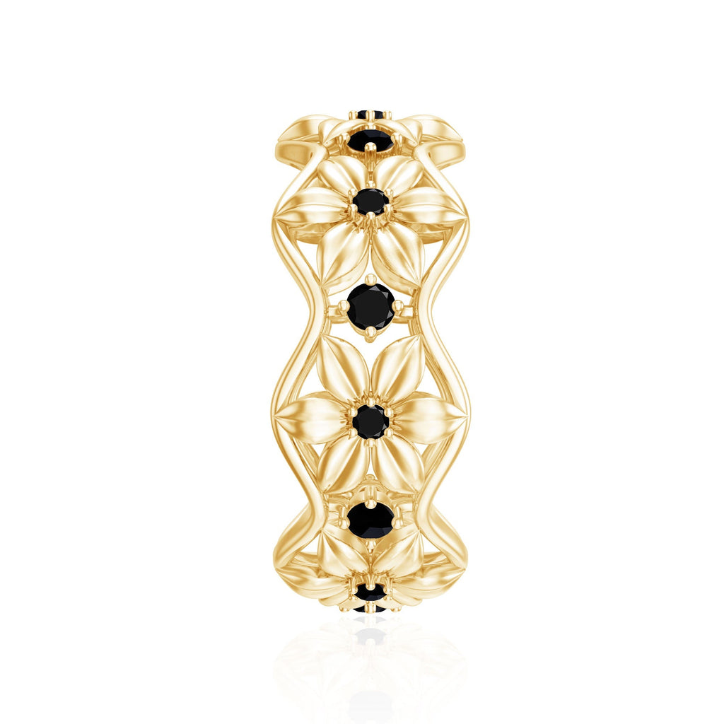 Natural Black Spinel Flower Band Ring for Women
