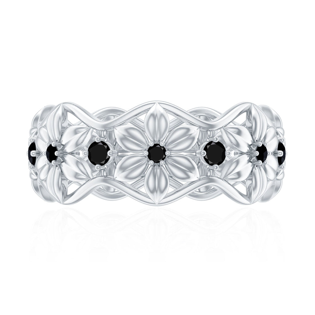 Natural Black Spinel Flower Band Ring for Women