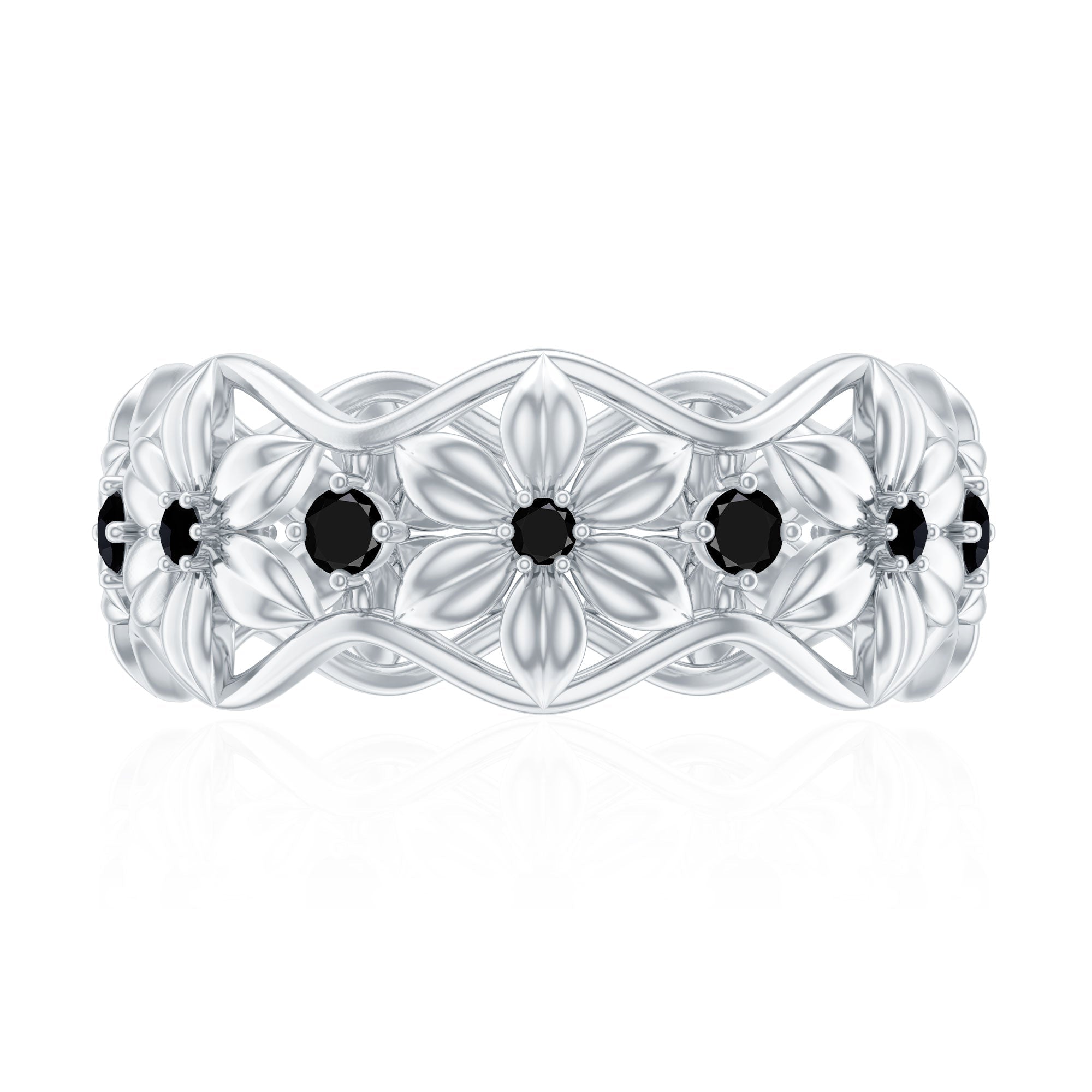 Natural Black Spinel Flower Band Ring for Women