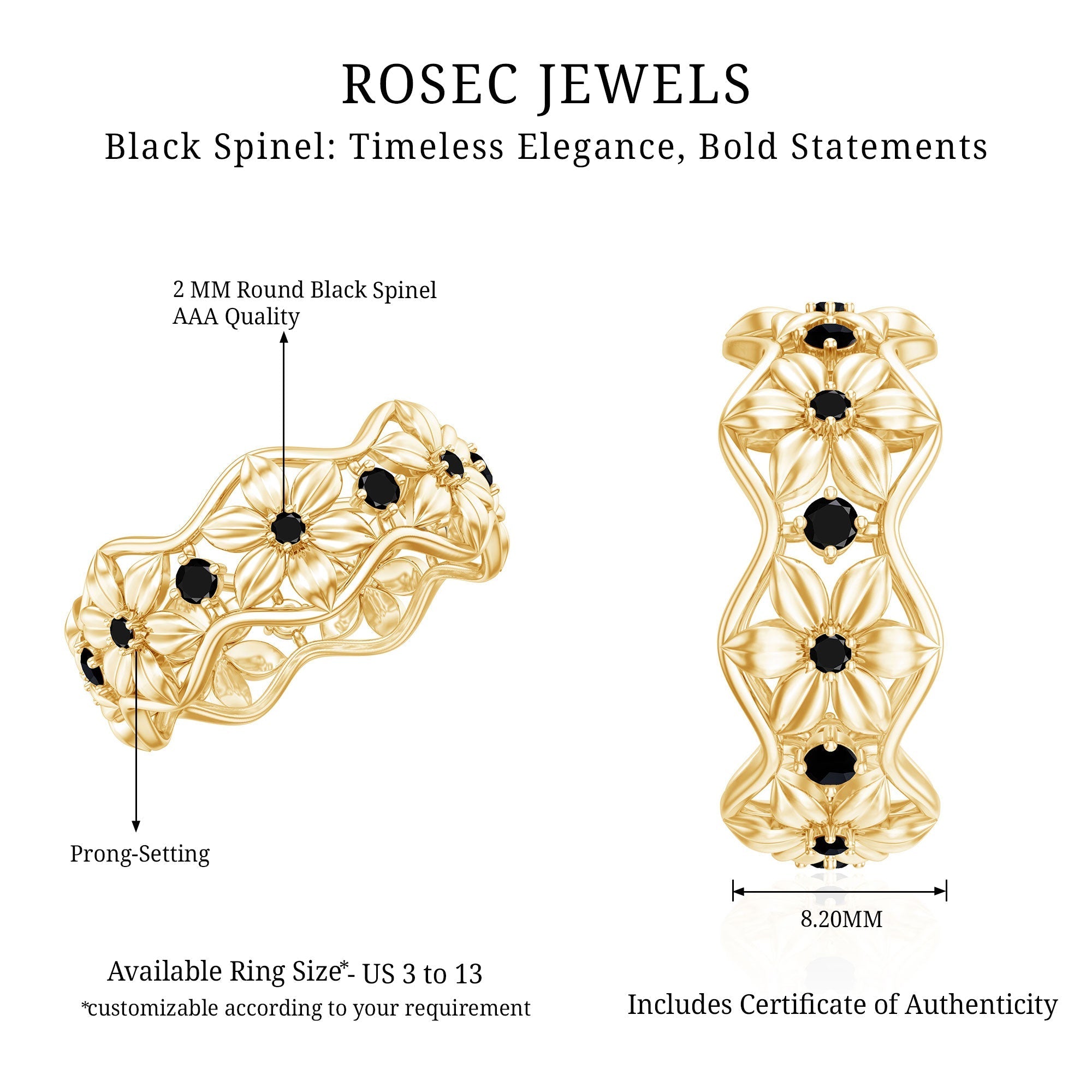 Natural Black Spinel Flower Band Ring for Women