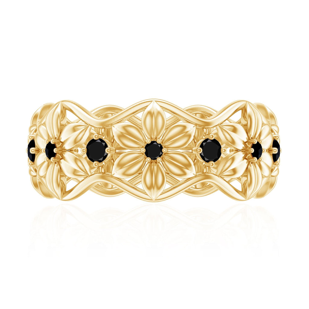 Natural Black Spinel Flower Band Ring for Women