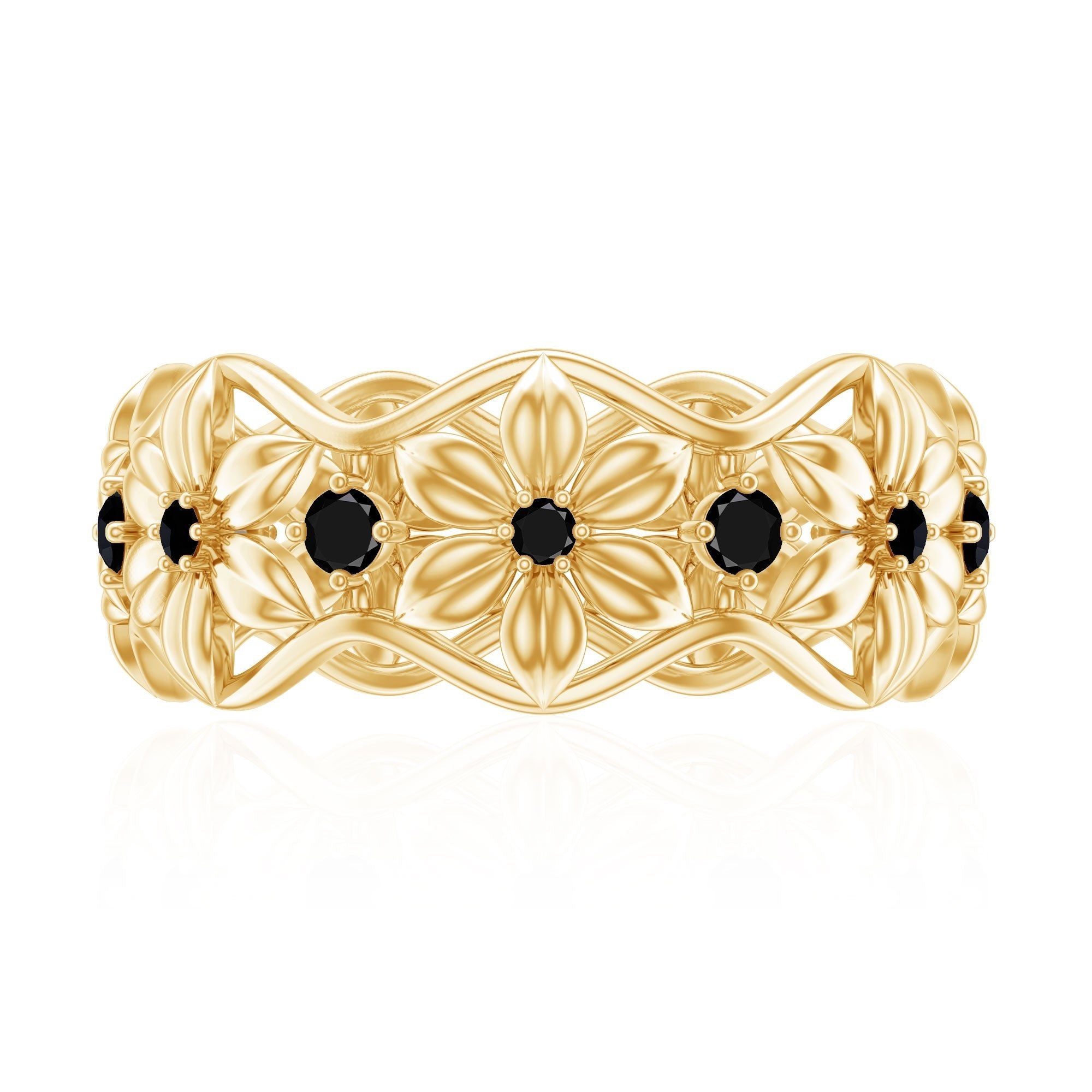 Natural Black Spinel Flower Band Ring for Women