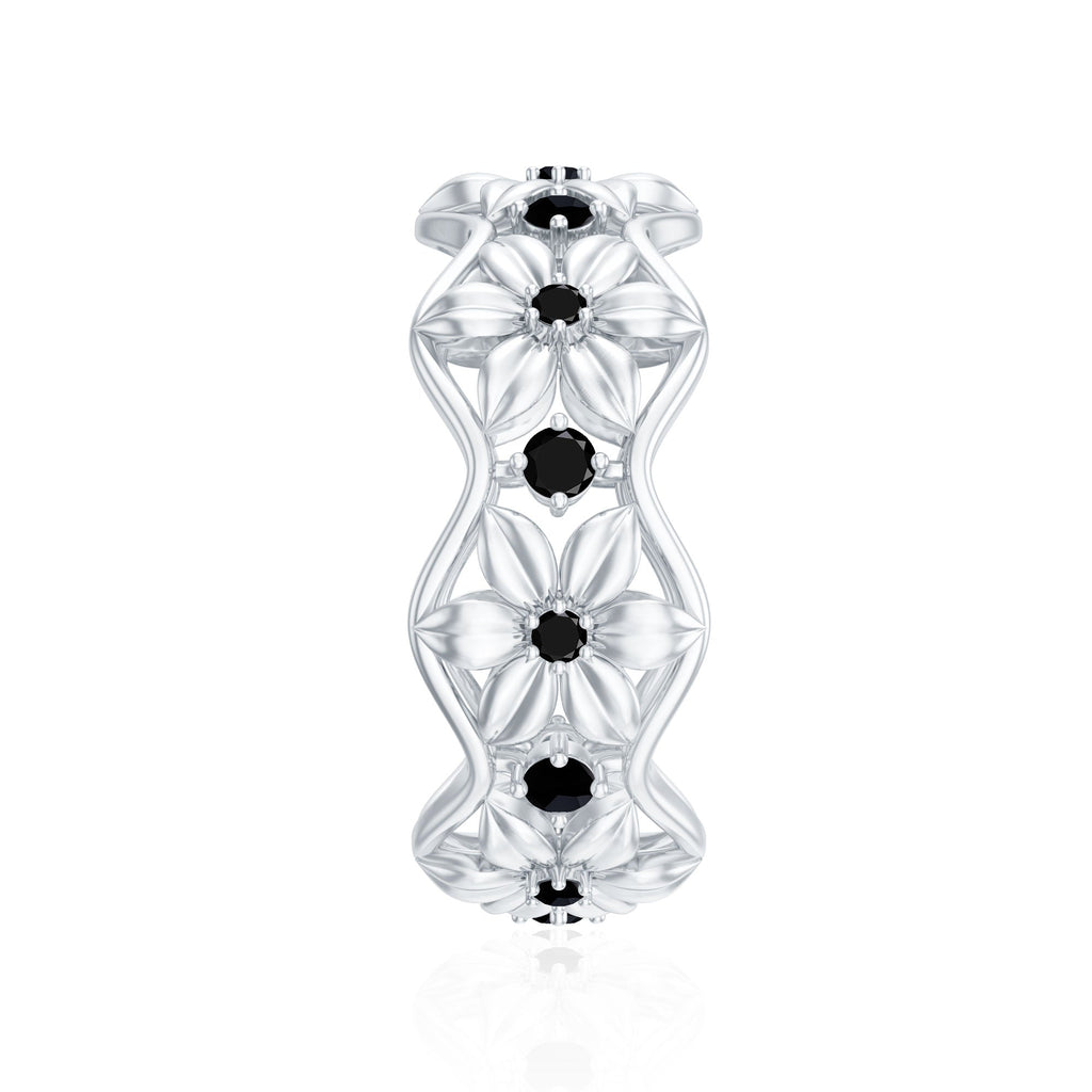 Natural Black Spinel Flower Band Ring for Women