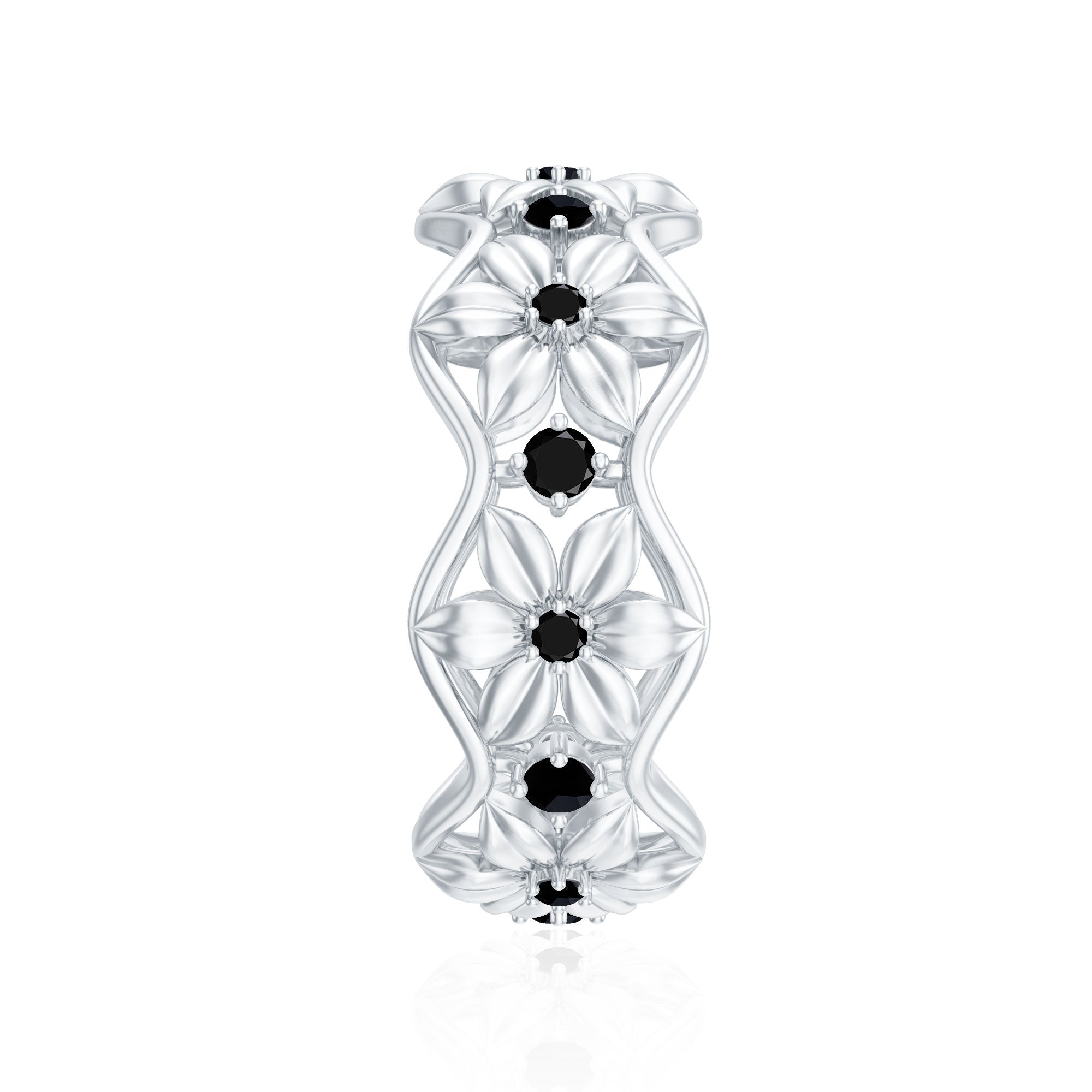 Natural Black Spinel Flower Band Ring for Women