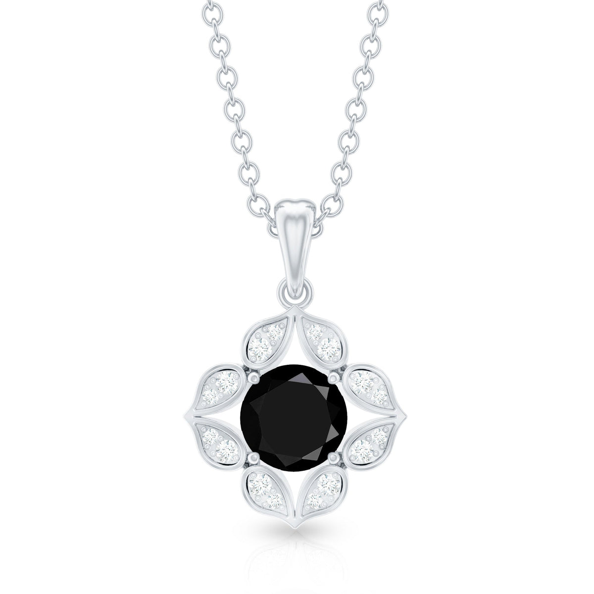 Natural Black Spinel Flower Pendant Necklace with Diamond for Women
